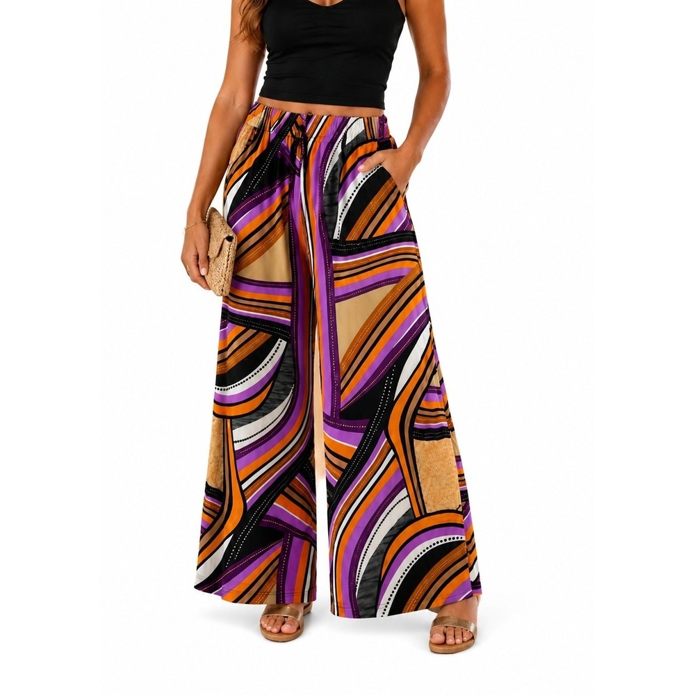 Robert Louis Wide Leg Pants XL Orange Purple Abstract Geometric Print Tie Waist